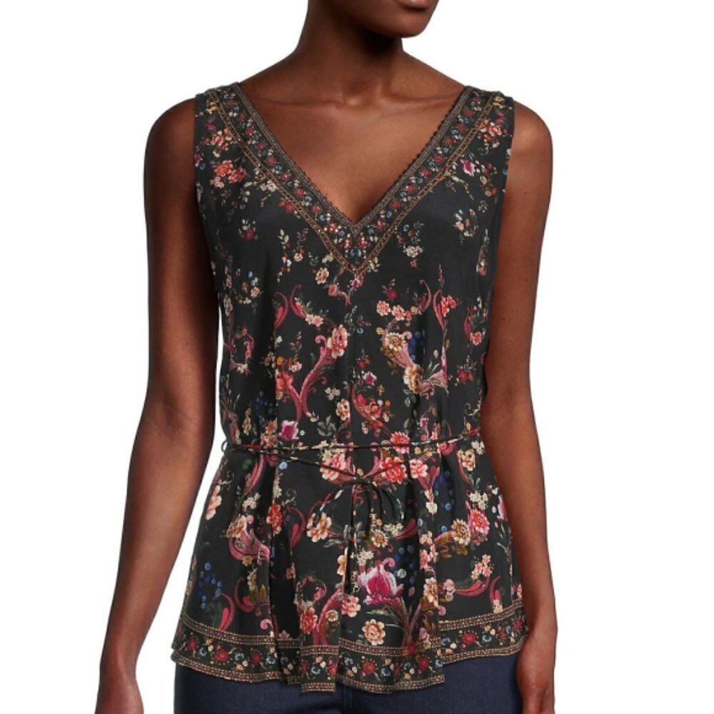 Camilla 'A Girl Like You' Sleeveless Silk Tie-Waist Blouse, Black Multicolor